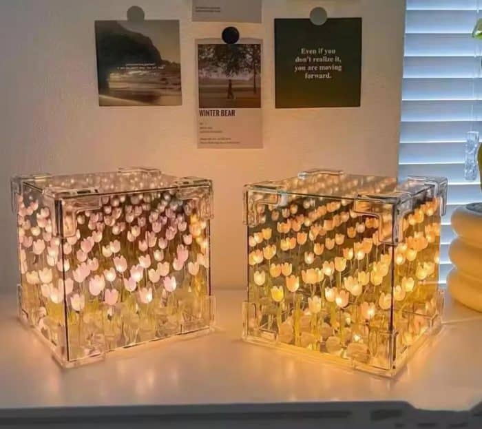 Artificial Tulips in Crystal Box – Handmade DIY Pink Tulip Cube Mirror Lamp, LED Night Light for Bedroom, Unique Flower Table Lamp – (Square)