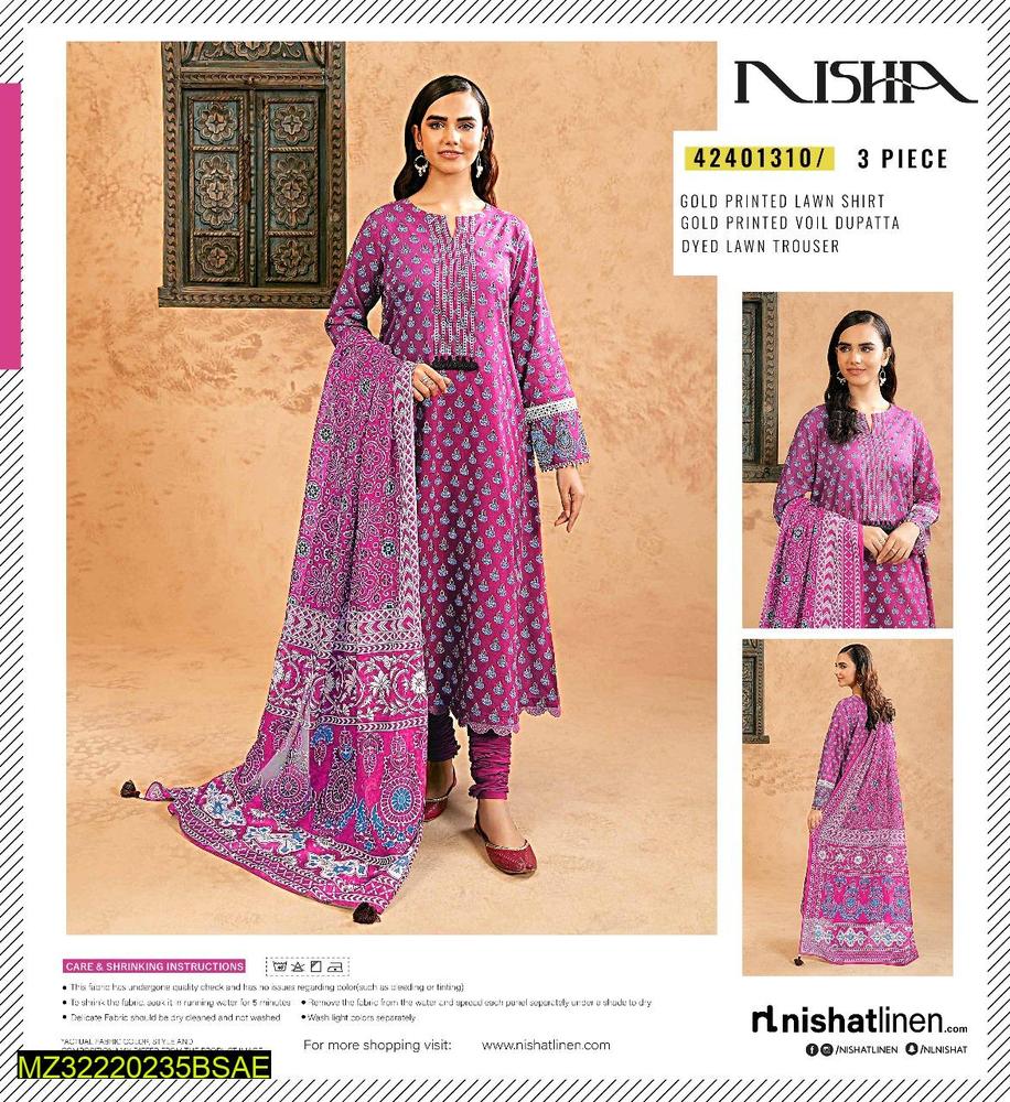 *:Nishat*  3 Pcs Women's Unstitched Lawn Printed Suit