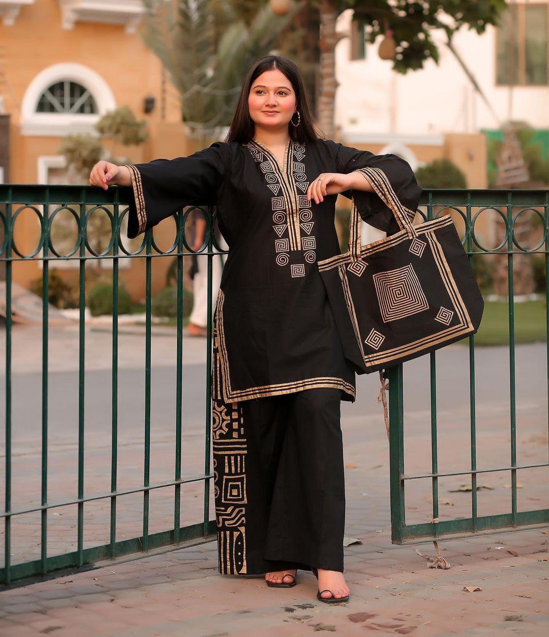 Stylish Embroidered Shirt And Trouser With Bag - 3 Pcs